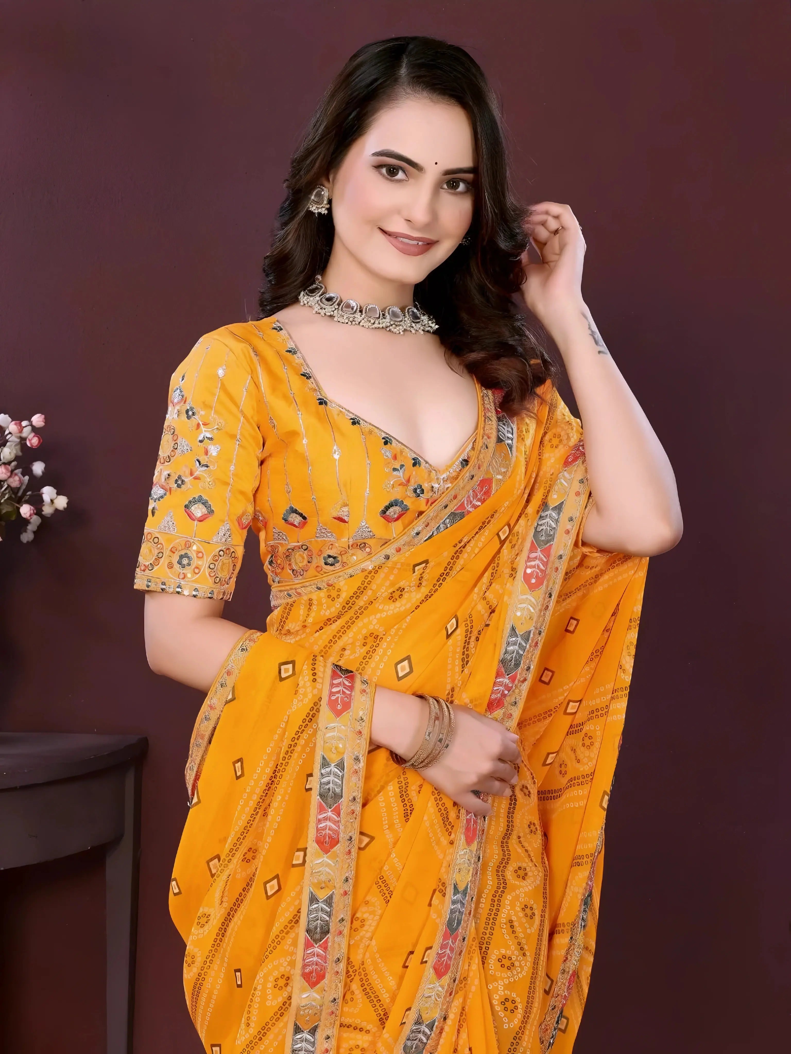 Yellow Digital Print with Embroidery Work Georgette Saree